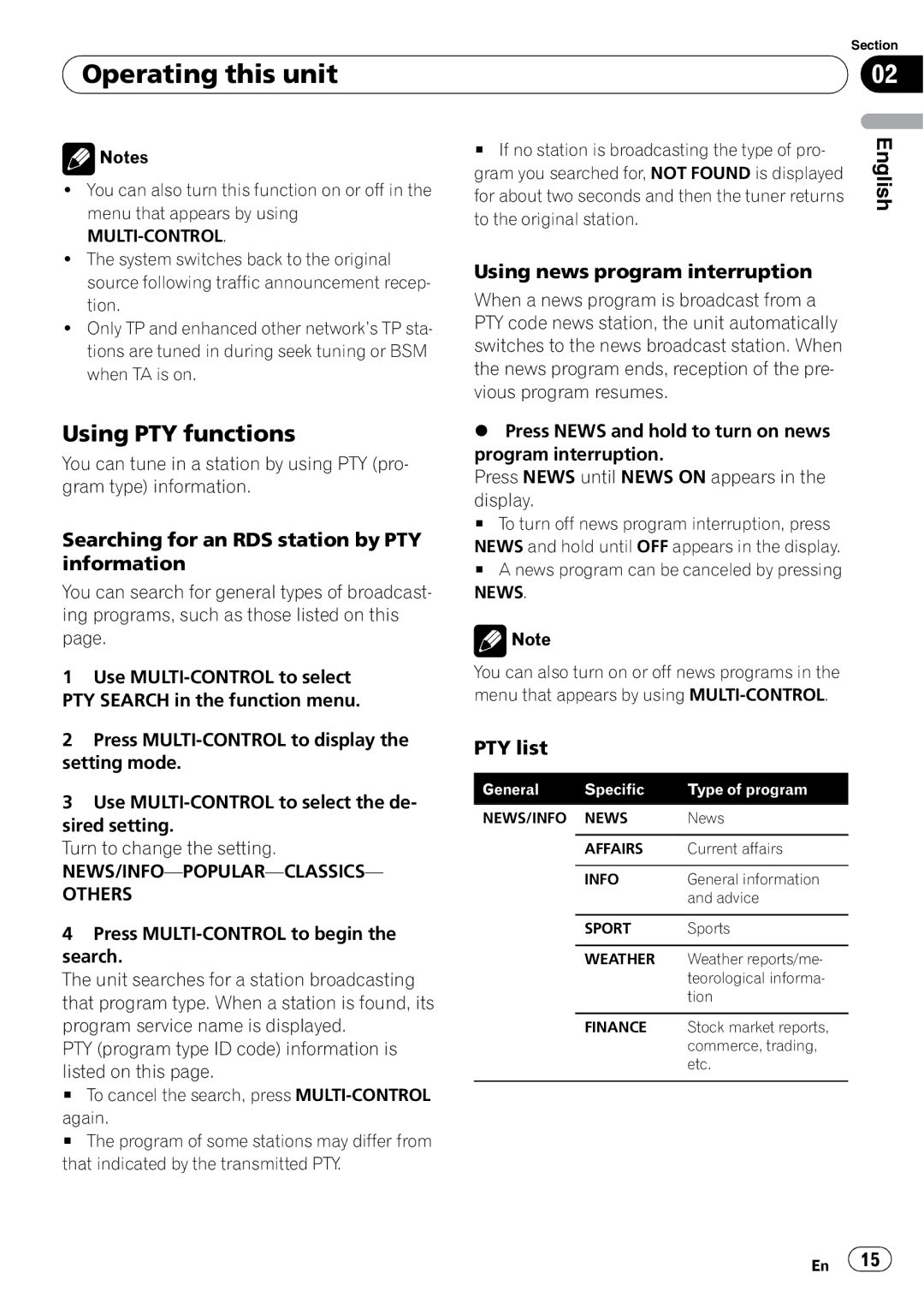 Pioneer DEH-P6000UB Using PTY functions, Searching for an RDS station by PTY information, Using news program interruption 