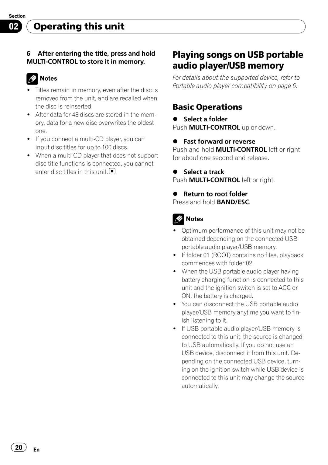 Pioneer DEH-P6000UB operation manual Playing songs on USB portable audio player/USB memory, Basic Operations 