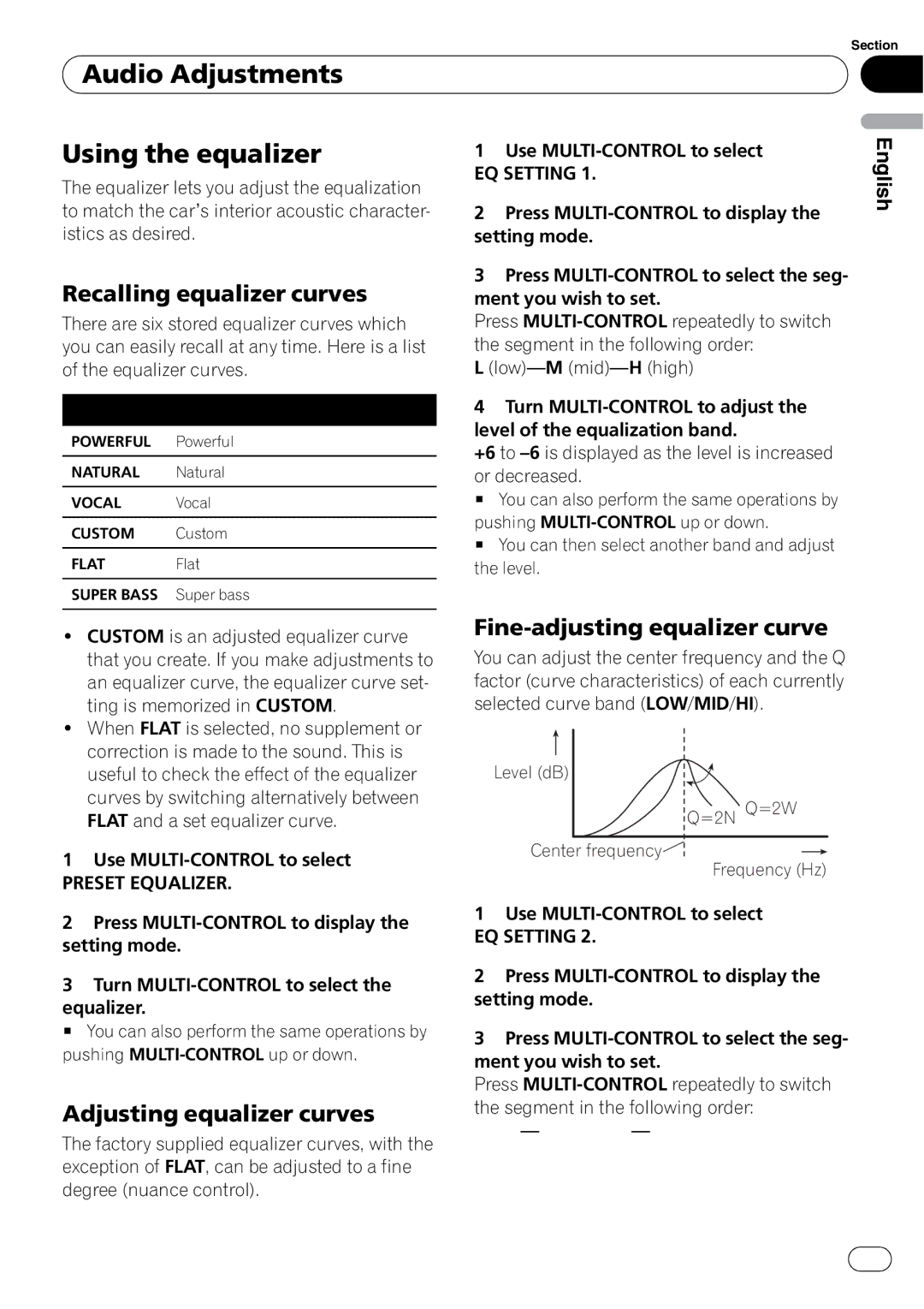 Pioneer DEH-P6000UB Audio Adjustments Using the equalizer, Recalling equalizer curves, Adjusting equalizer curves 