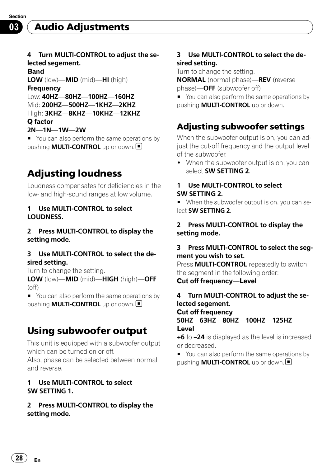 Pioneer DEH-P6000UB Audio Adjustments, Adjusting loudness, Using subwoofer output, Adjusting subwoofer settings, Loudness 