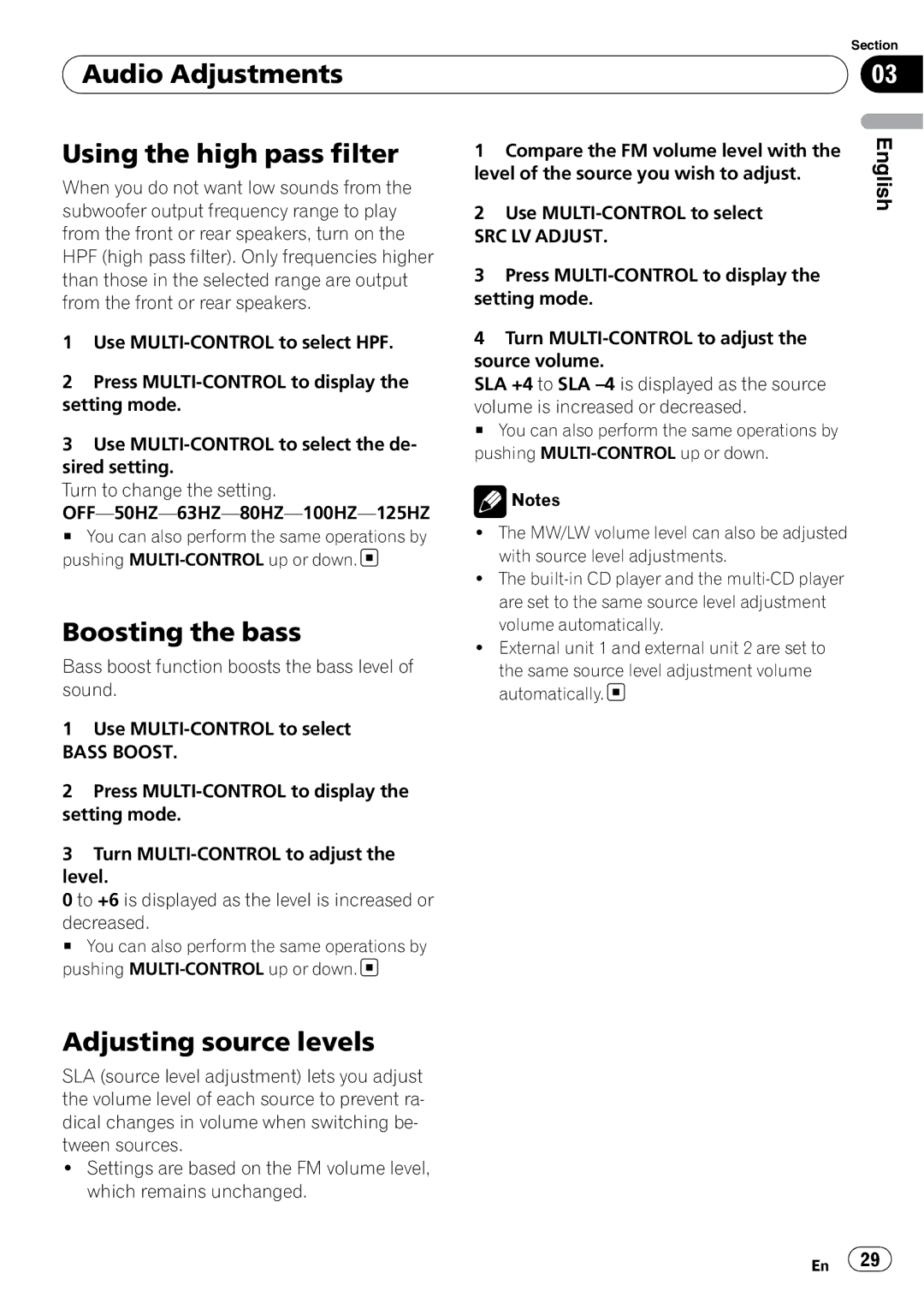 Pioneer DEH-P6000UB Audio Adjustments Using the high pass filter, Boosting the bass, Adjusting source levels, Bass Boost 