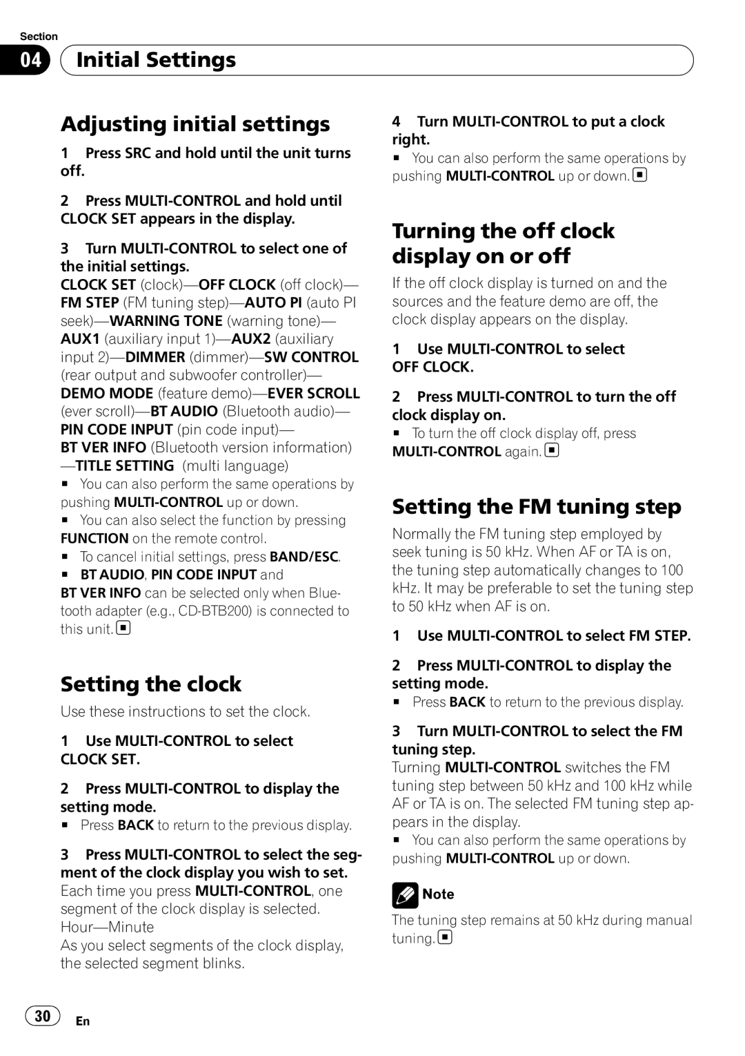 Pioneer DEH-P6000UB operation manual Initial Settings Adjusting initial settings, Turning the off clock, Display on or off 