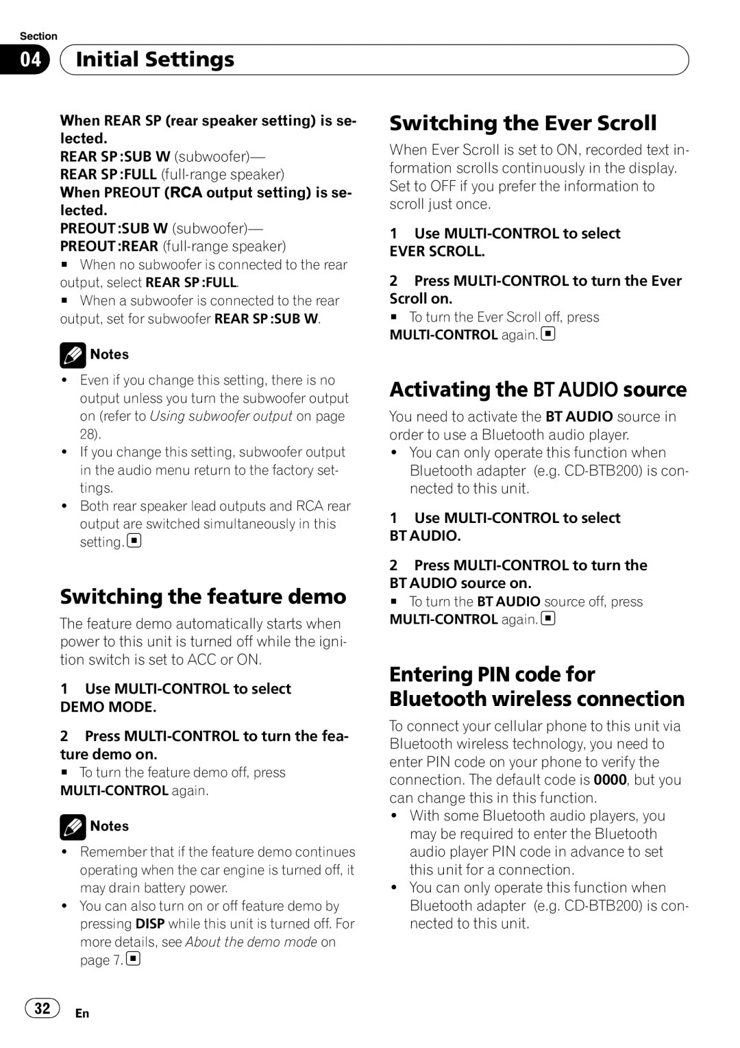 Pioneer DEH-P6000UB Initial Settings, Switching the Ever Scroll, Activating the BT Audio source, Entering PIN code for 