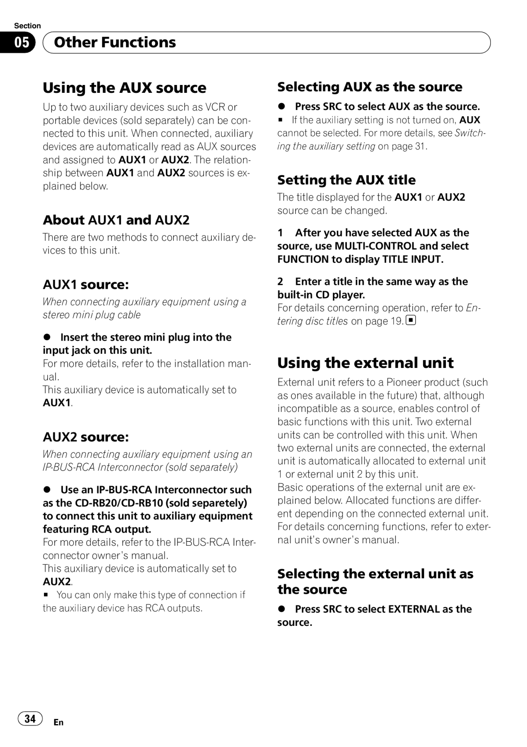 Pioneer DEH-P6000UB operation manual Other Functions Using the AUX source, Using the external unit 