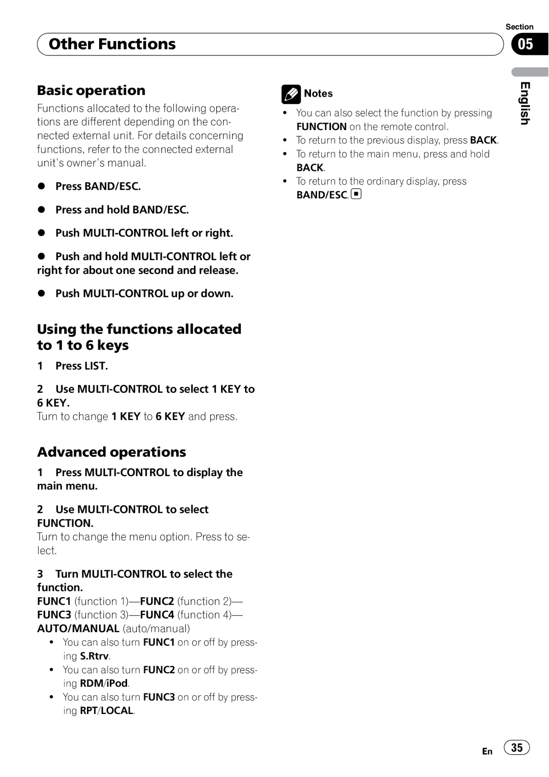 Pioneer DEH-P6000UB Other Functions, Basic operation, Using the functions allocated to 1 to 6 keys, Advanced operations 