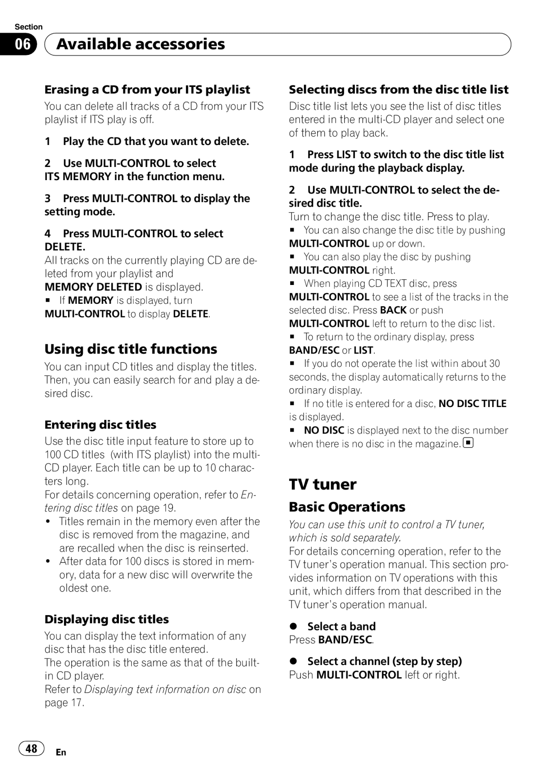 Pioneer DEH-P6000UB TV tuner, Erasing a CD from your ITS playlist, Selecting discs from the disc title list 