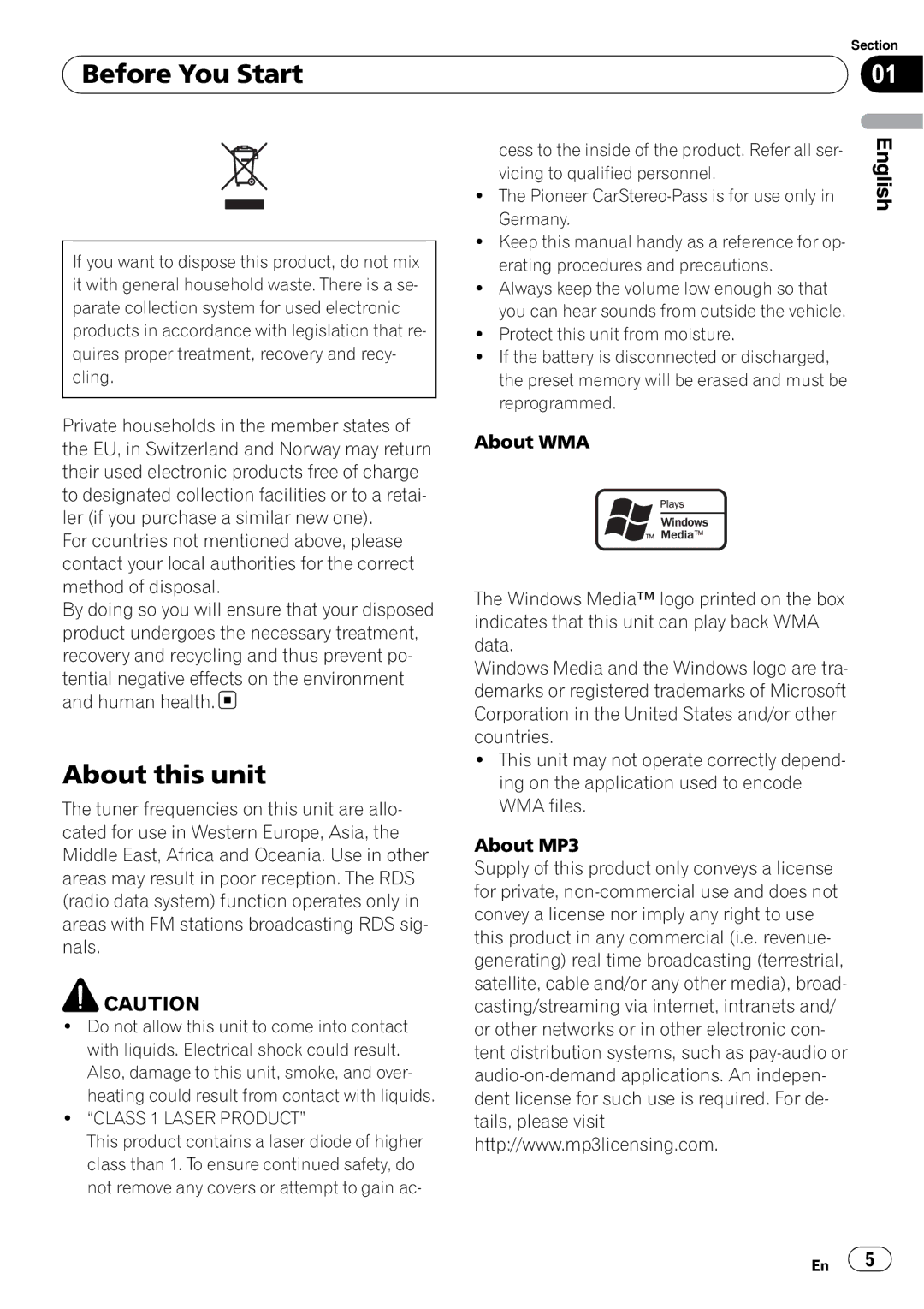 Pioneer DEH-P6000UB operation manual Before You Start, About this unit, Class 1 Laser Product 