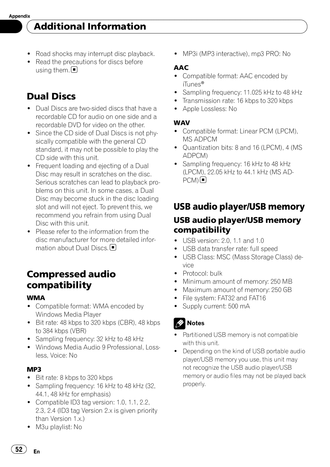 Pioneer DEH-P6000UB operation manual Dual Discs, Compressed audio compatibility, USB audio player/USB memory 