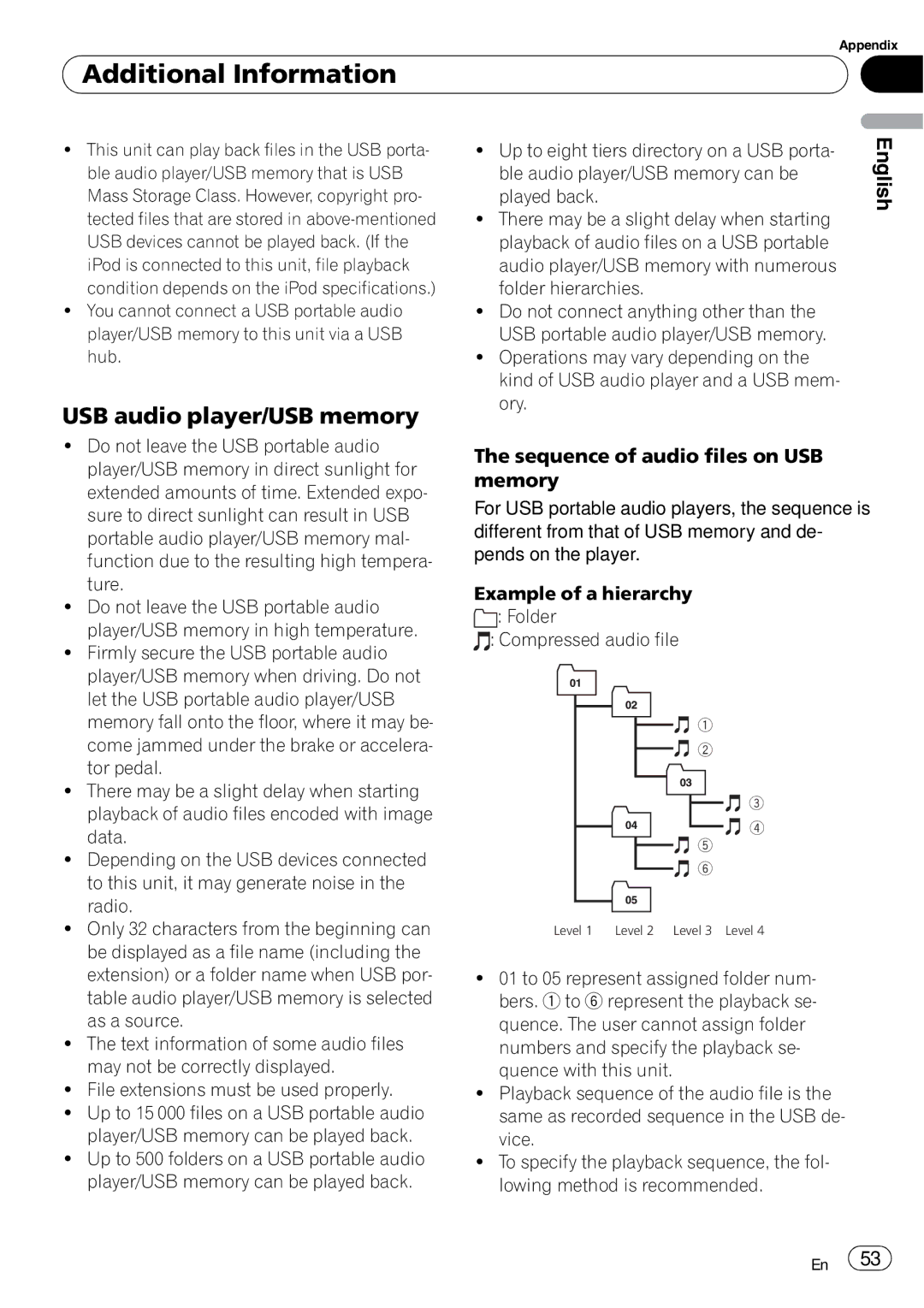 Pioneer DEH-P6000UB operation manual USB audio player/USB memory, Sequence of audio files on USB memory 