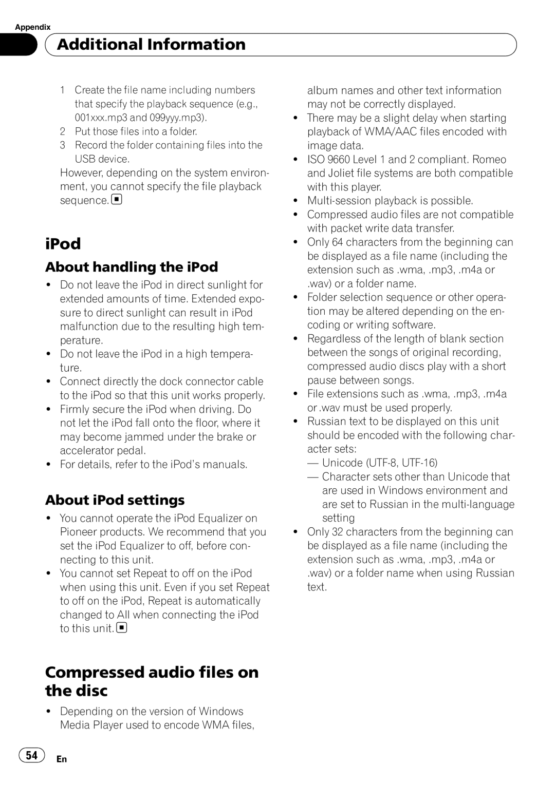 Pioneer DEH-P6000UB operation manual IPod, Compressed audio files on the disc, About handling the iPod, About iPod settings 