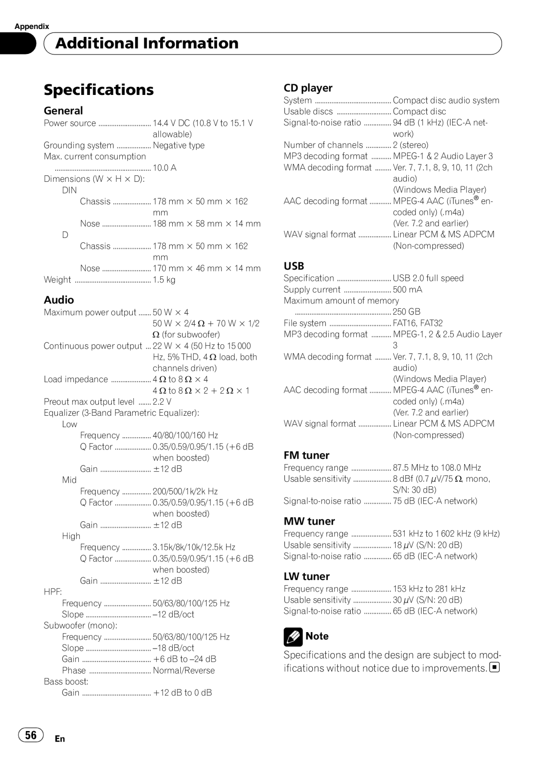 Pioneer DEH-P6000UB operation manual Additional Information Specifications, Usb 