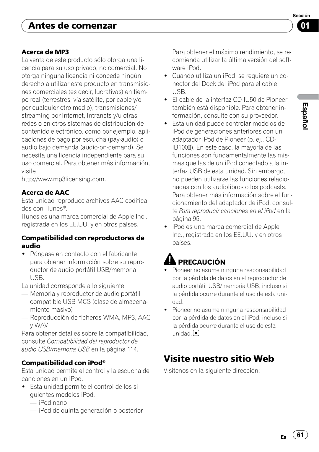 Pioneer DEH-P6000UB operation manual Visite nuestro sitio Web, La pérdida ocurre durante el uso de esta unidad 