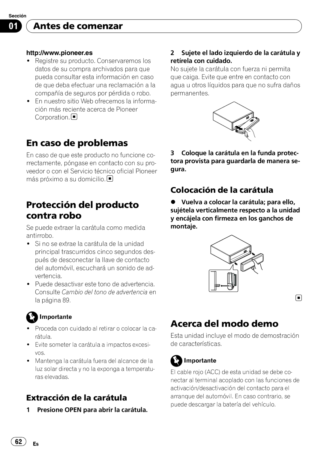 Pioneer DEH-P6000UB operation manual En caso de problemas, Protección del producto contra robo, Acerca del modo demo 