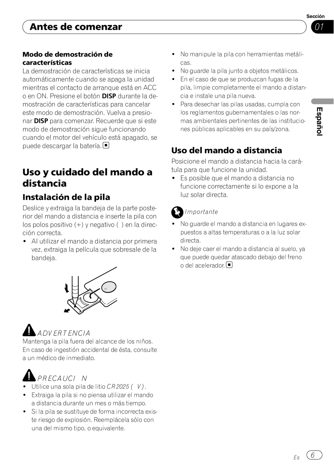 Pioneer DEH-P6000UB operation manual Uso y cuidado del mando a distancia, Instalación de la pila, Uso del mando a distancia 