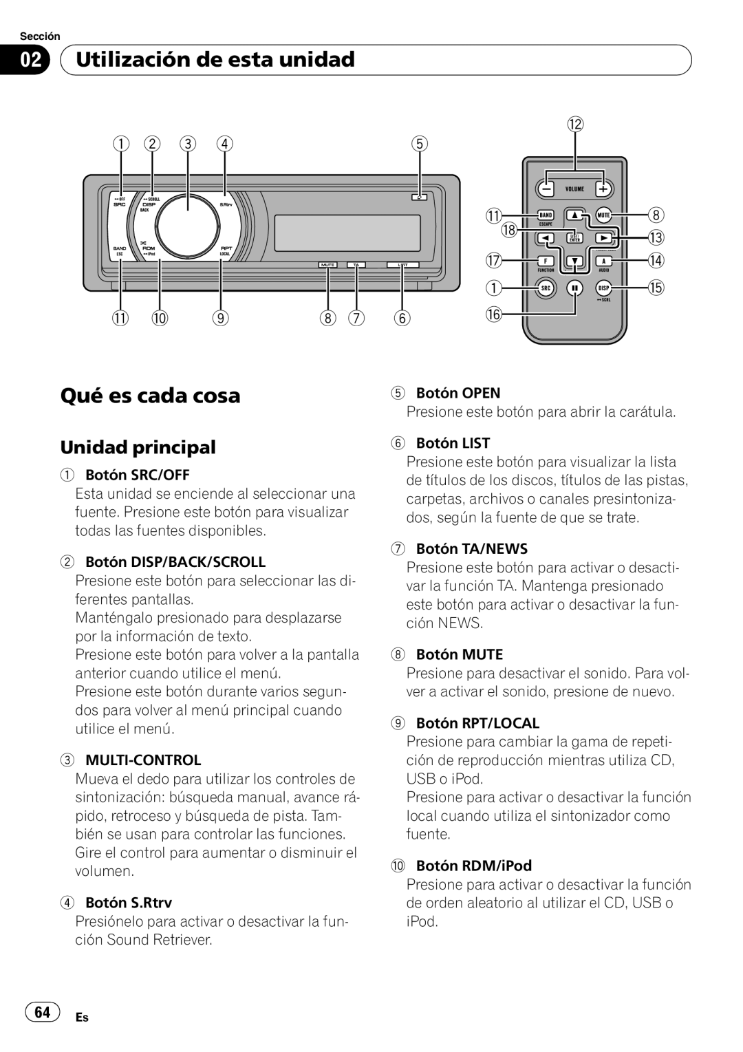 Pioneer DEH-P6000UB operation manual Utilización de esta unidad Qué es cada cosa, Unidad principal 