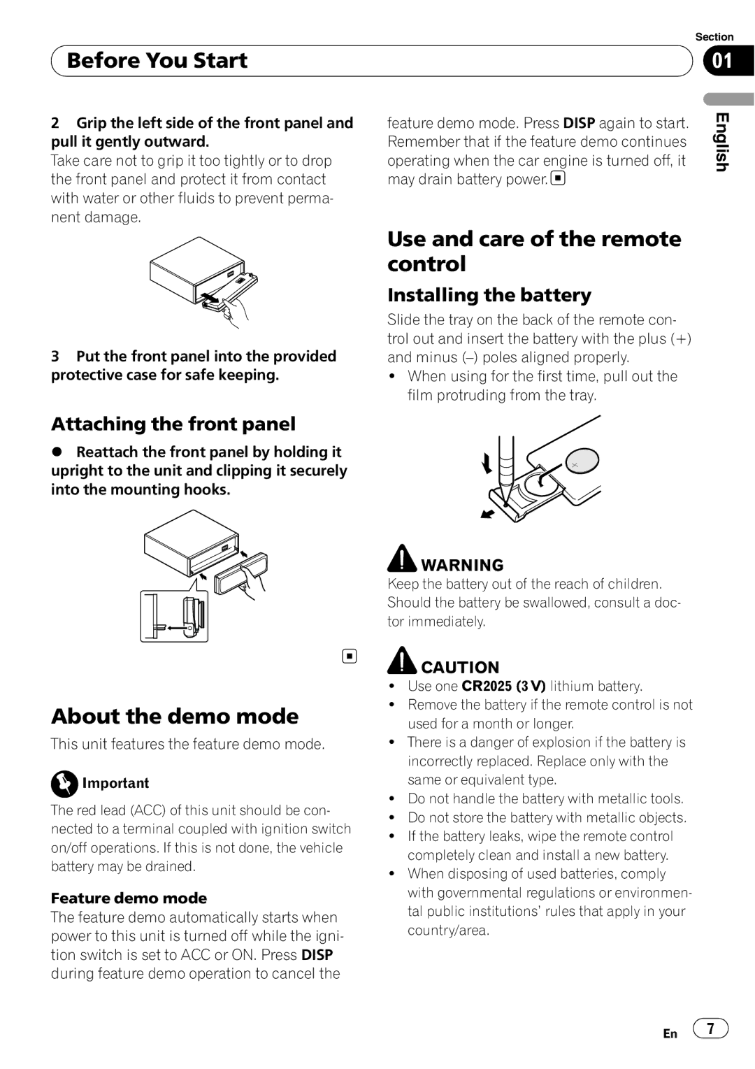 Pioneer DEH-P6000UB operation manual Use and care of the remote control, About the demo mode, Installing the battery 