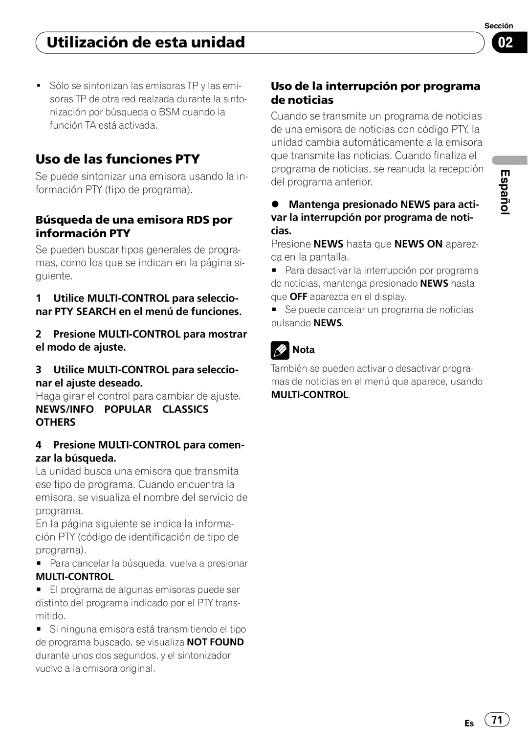 Pioneer DEH-P6000UB operation manual Uso de las funciones PTY, Búsqueda de una emisora RDS por información PTY 