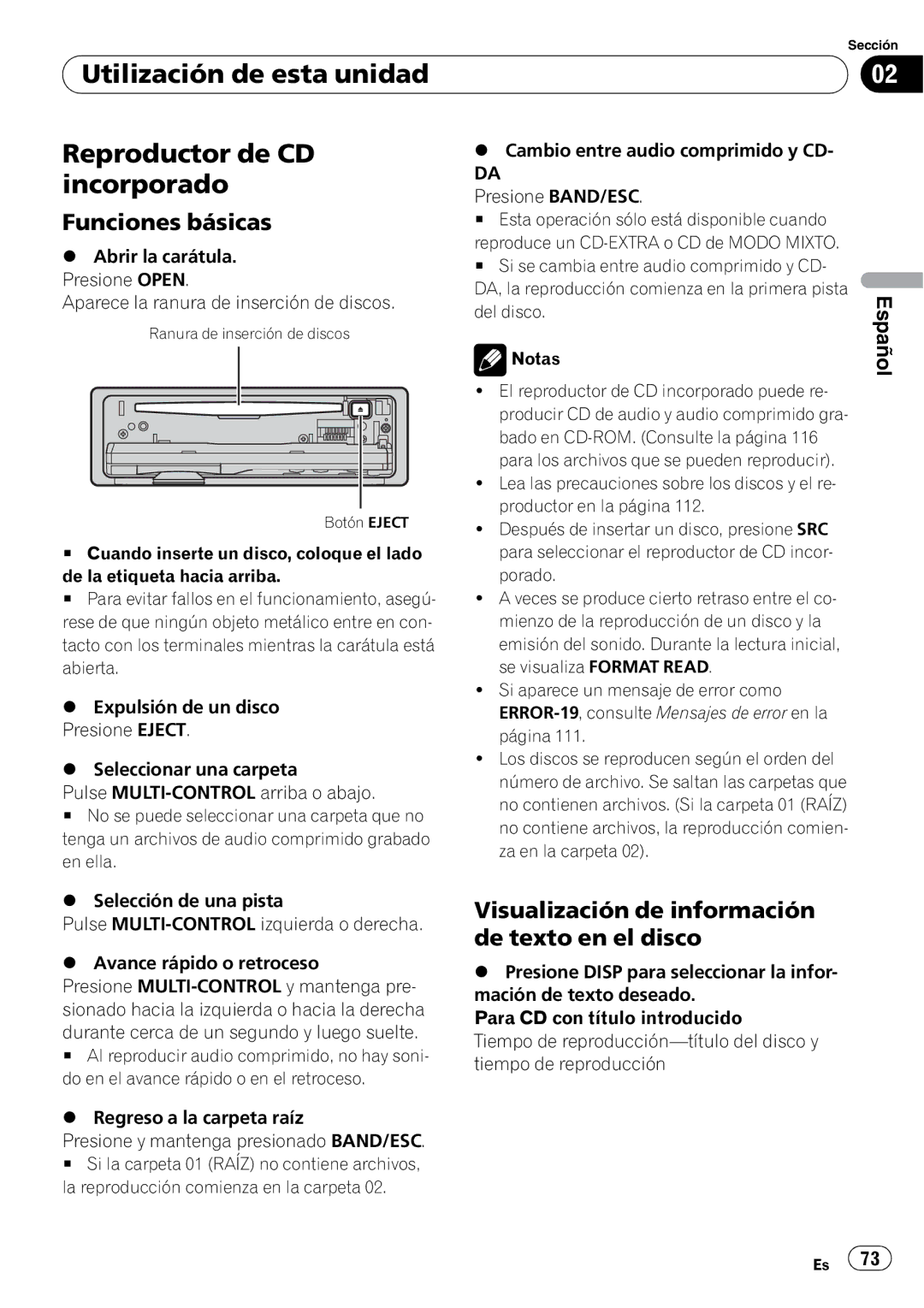 Pioneer DEH-P6000UB operation manual Utilización de esta unidad Reproductor de CD incorporado 