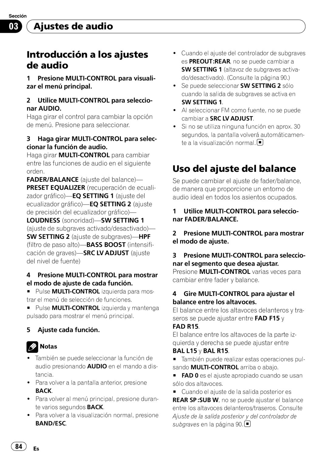 Pioneer DEH-P6000UB operation manual Ajustes de audio Introducción a los ajustes, De audio, Uso del ajuste del balance 