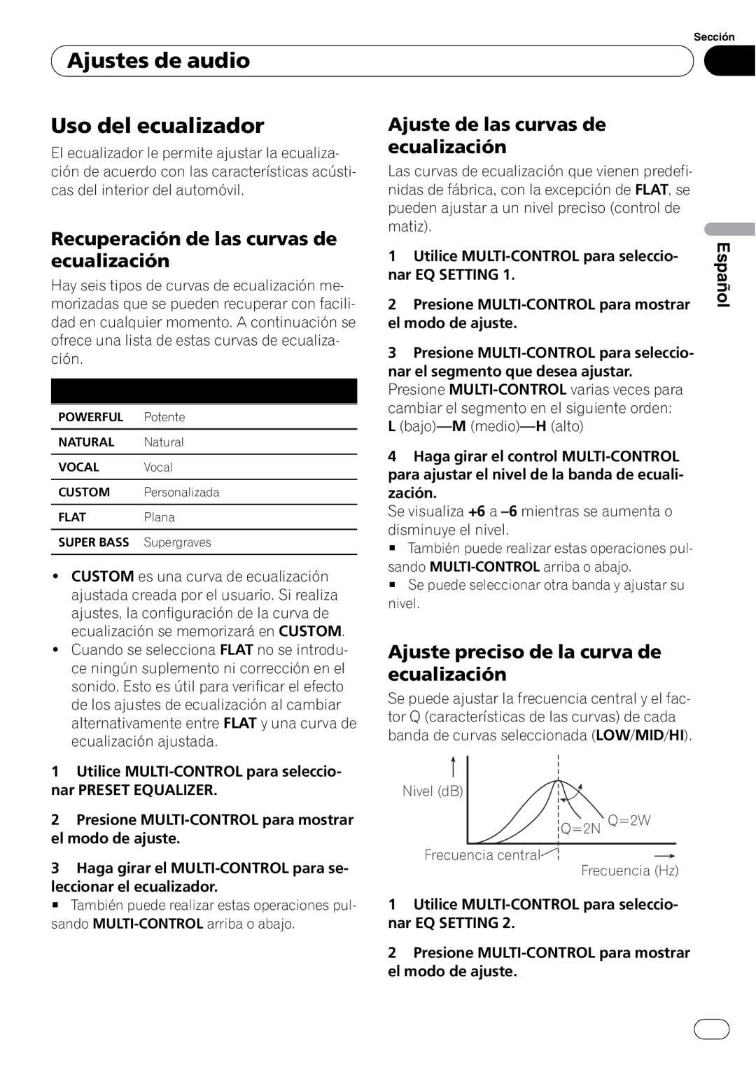 Pioneer DEH-P6000UB operation manual Ajustes de audio Uso del ecualizador, Recuperación de las curvas de ecualización 