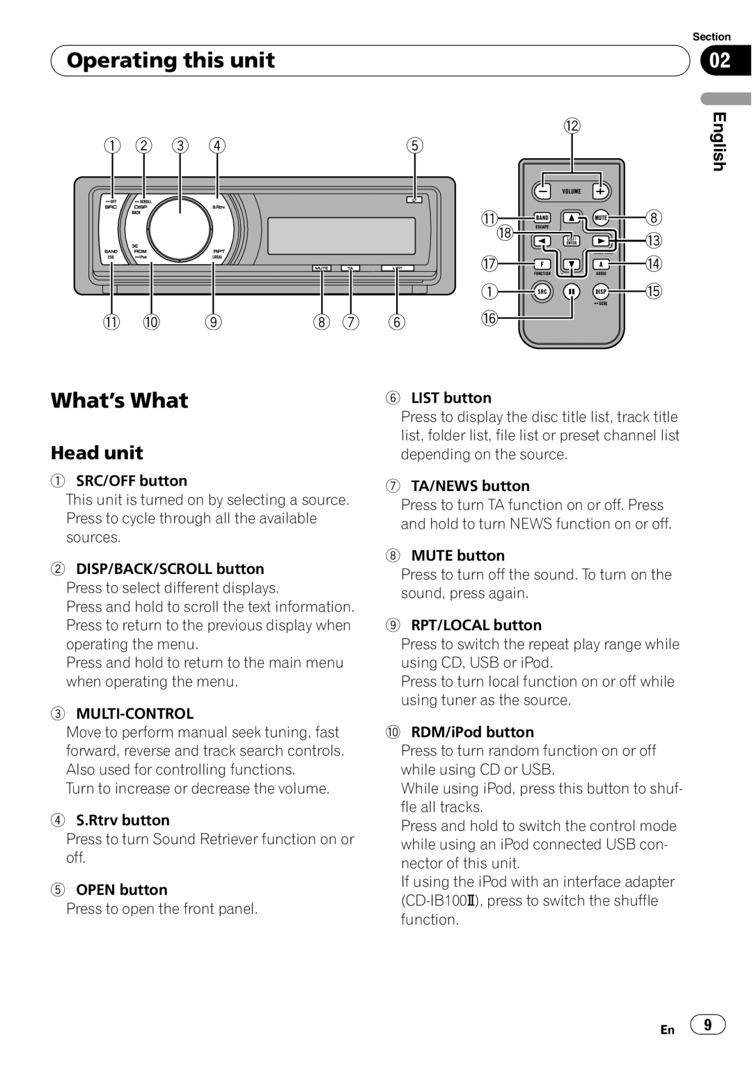 Pioneer DEH-P6000UB operation manual Operating this unit, What’s What, Head unit, Multi-Control 