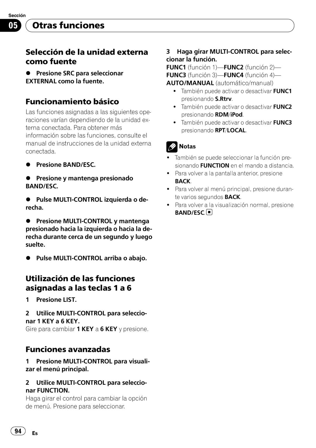 Pioneer DEH-P6000UB operation manual Otras funciones, Selección de la unidad externa como fuente, Funcionamiento básico 