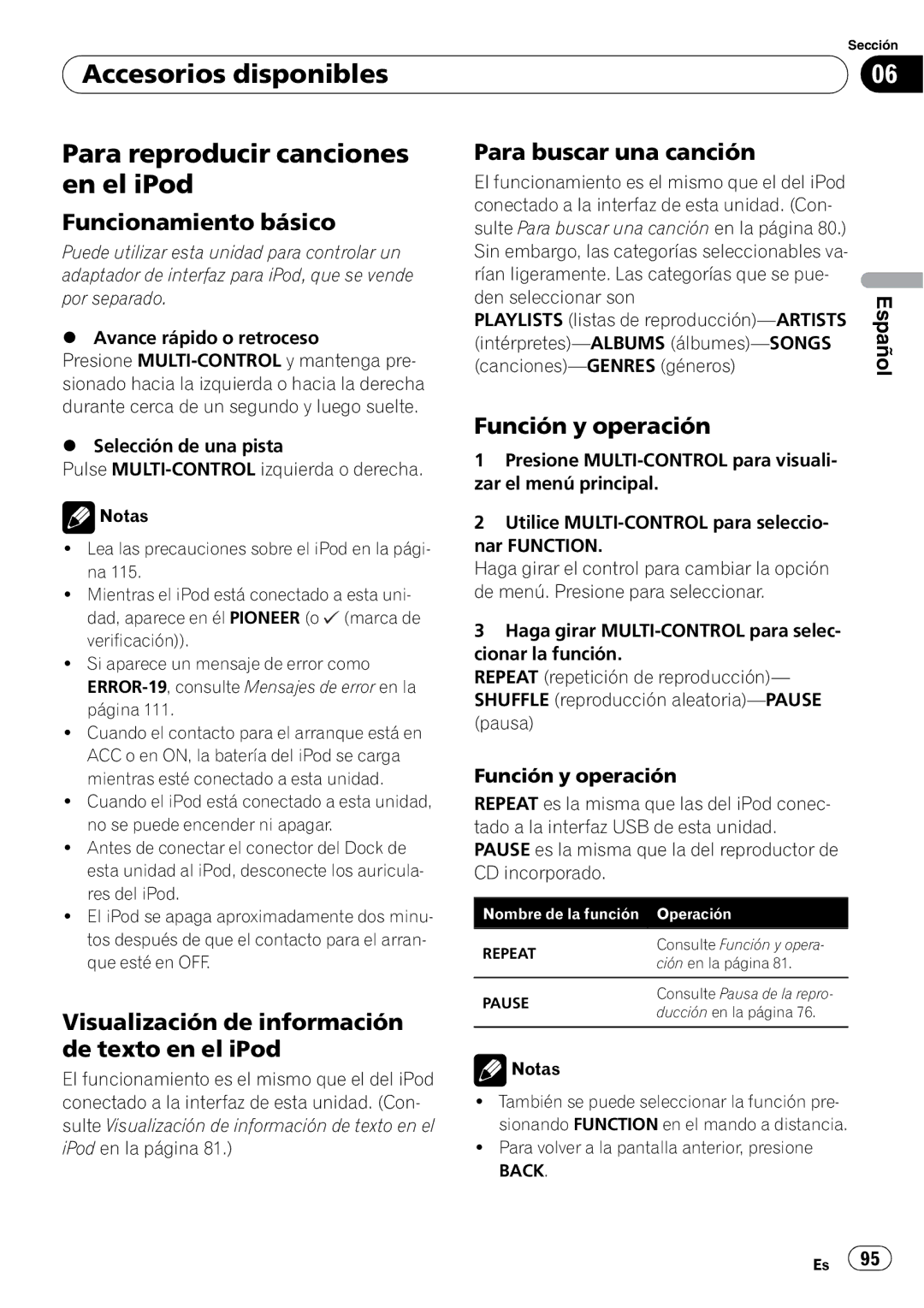 Pioneer DEH-P6000UB operation manual Accesorios disponibles Para reproducir canciones en el iPod, Función y operación 