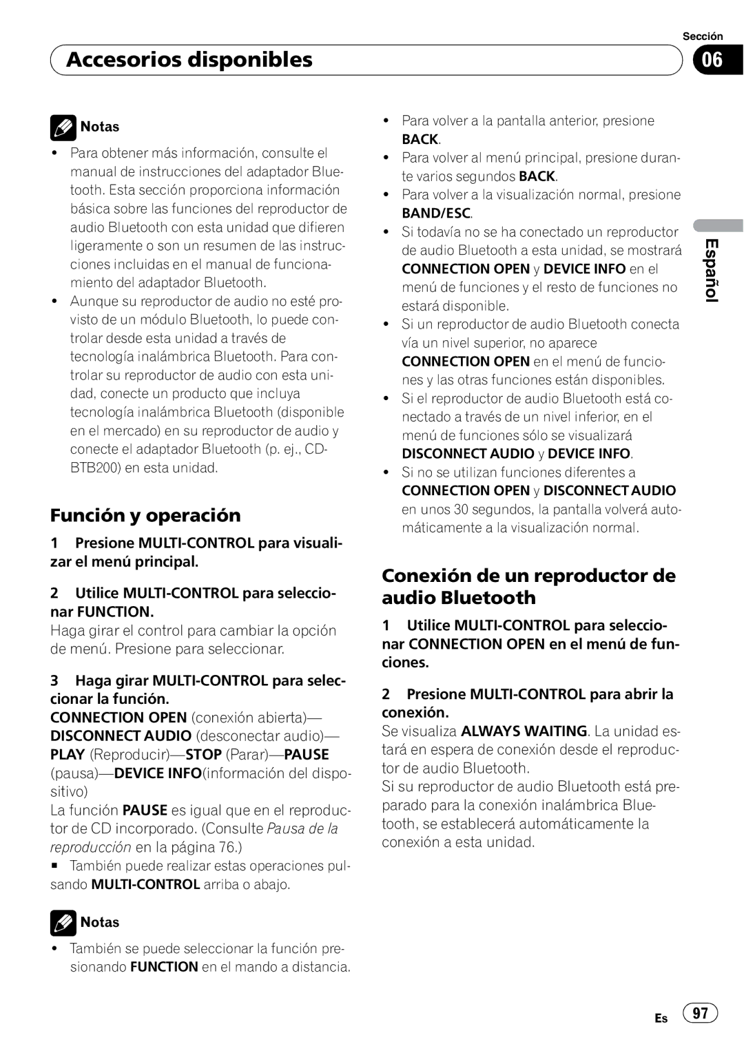 Pioneer DEH-P6000UB operation manual Conexión de un reproductor de audio Bluetooth 