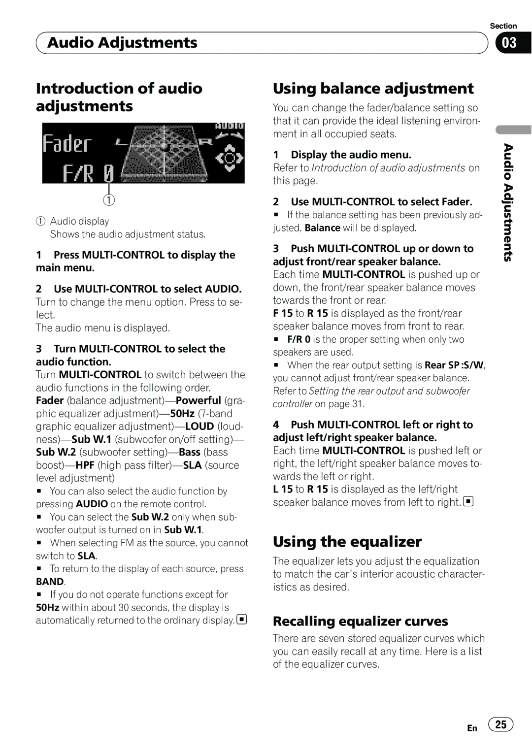 Pioneer DEH-P6000UB Audio Adjustments Introduction of audio adjustments, Using balance adjustment, Using the equalizer 