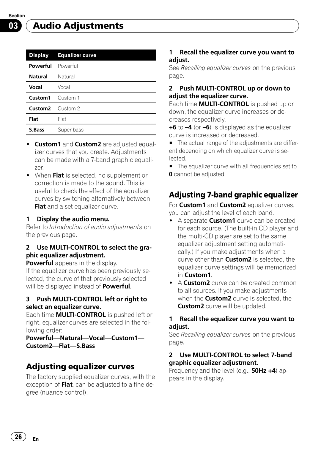 Pioneer DEH-P6000UB operation manual Audio Adjustments, Adjusting equalizer curves, Adjusting 7-band graphic equalizer 