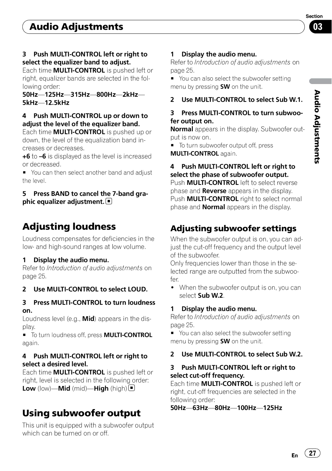 Pioneer DEH-P6000UB operation manual Adjusting loudness, Using subwoofer output, Adjusting subwoofer settings 