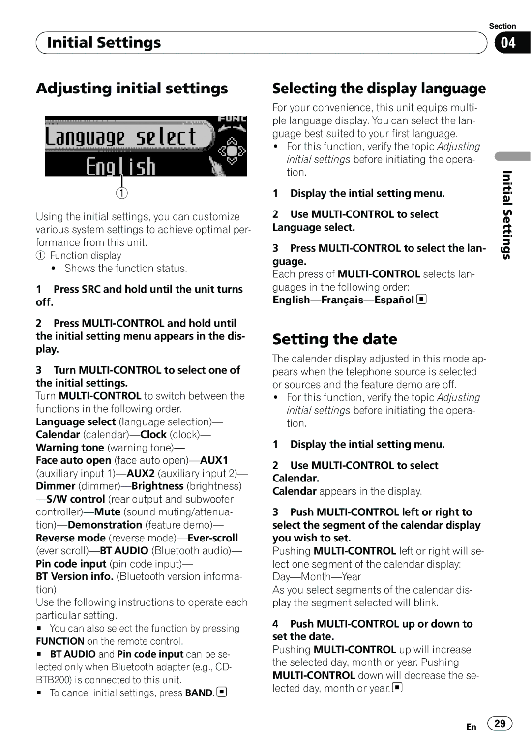 Pioneer DEH-P6000UB Initial Settings Adjusting initial settings, Selecting the display language, Setting the date 