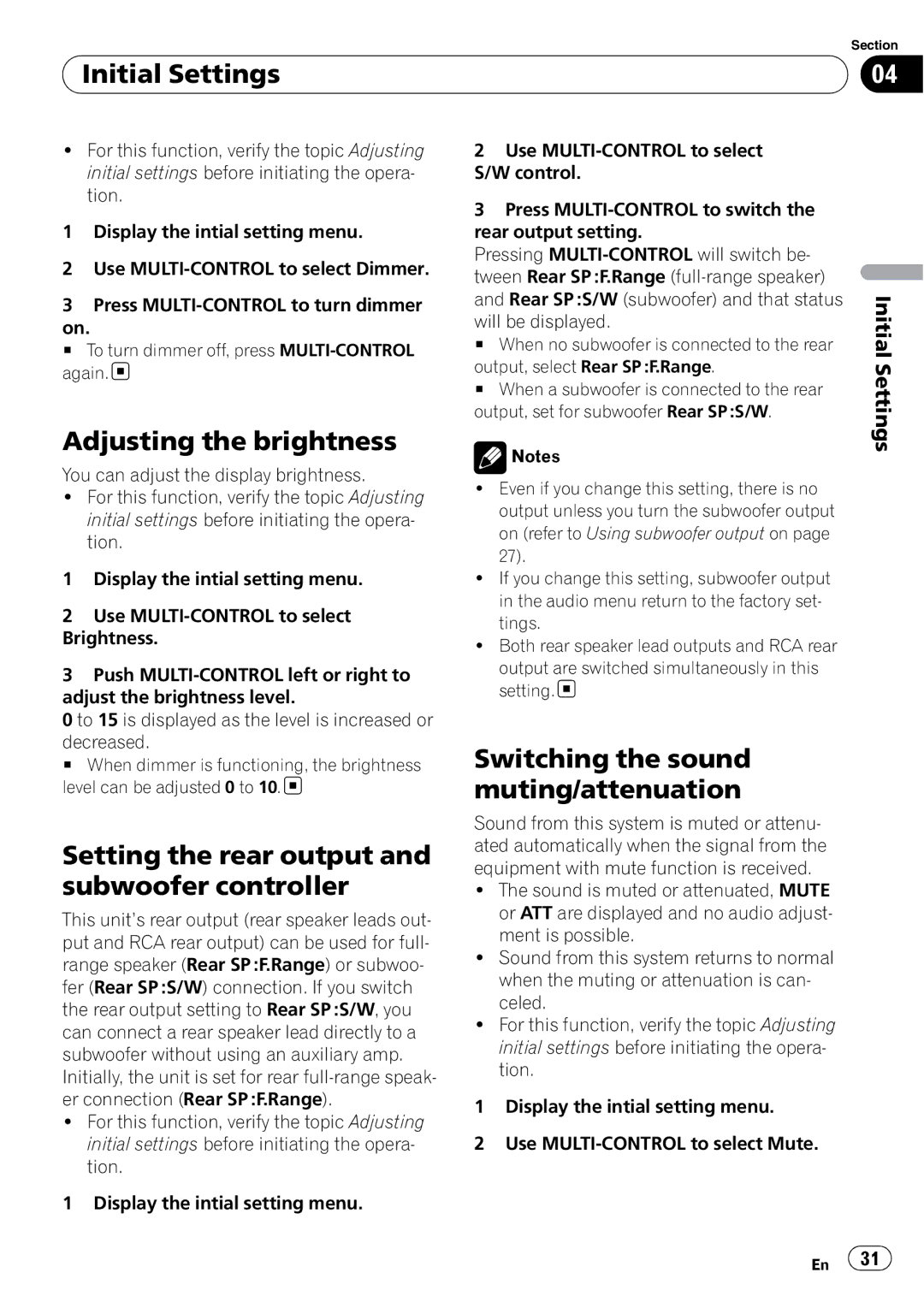 Pioneer DEH-P6000UB operation manual Initial Settings, Adjusting the brightness, Switching the sound muting/attenuation 