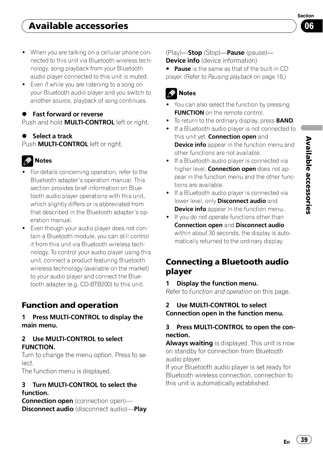 Pioneer DEH-P6000UB operation manual Function and operation, Connecting a Bluetooth audio player 