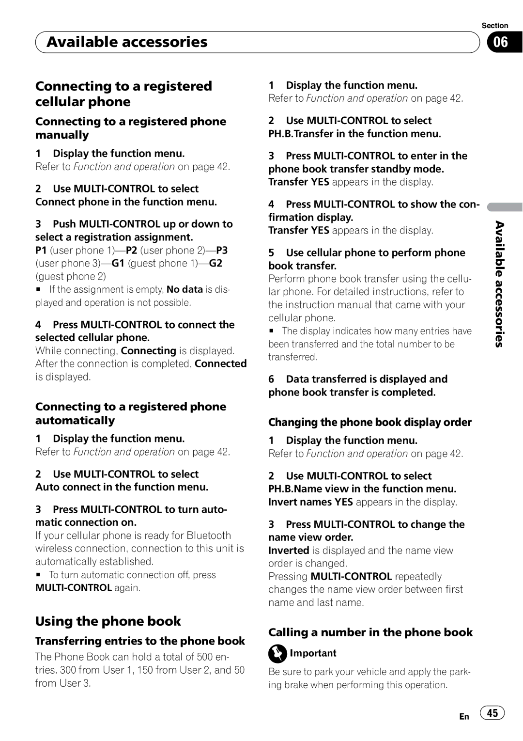 Pioneer DEH-P6000UB operation manual Connecting to a registered cellular phone, Using the phone book 