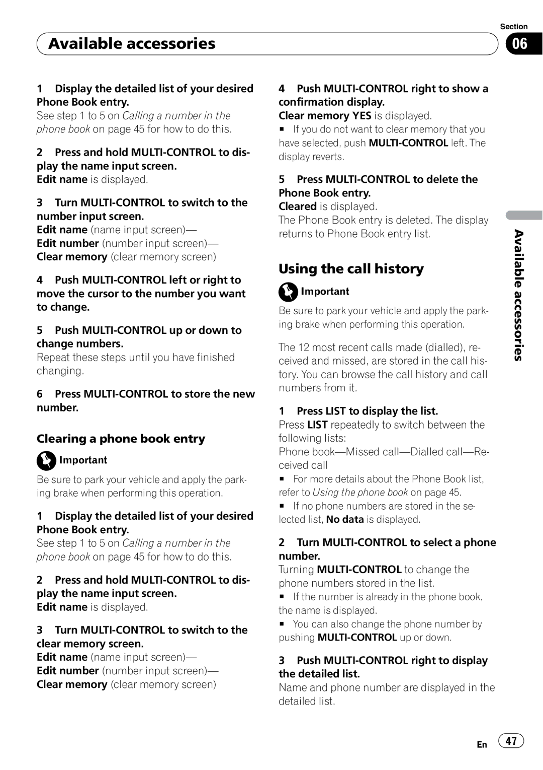 Pioneer DEH-P6000UB operation manual Using the call history, Clearing a phone book entry 