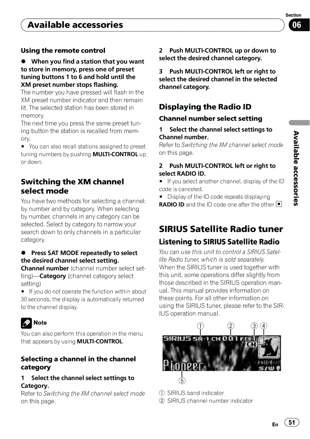 Pioneer DEH-P6000UB Sirius Satellite Radio tuner, Switching the XM channel select mode, Displaying the Radio ID 