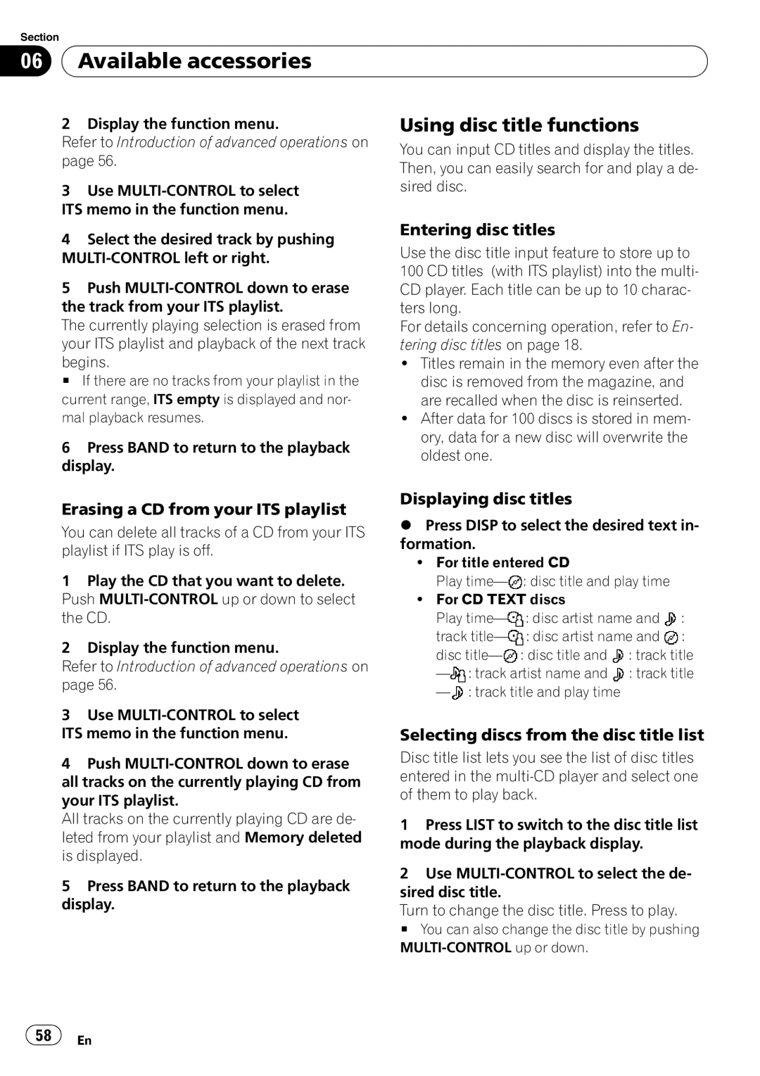 Pioneer DEH-P6000UB Erasing a CD from your ITS playlist, Displaying disc titles, Selecting discs from the disc title list 