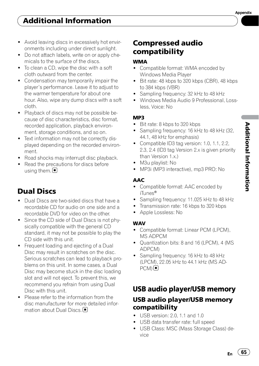 Pioneer DEH-P6000UB operation manual Dual Discs, Compressed audio compatibility, USB audio player/USB memory 