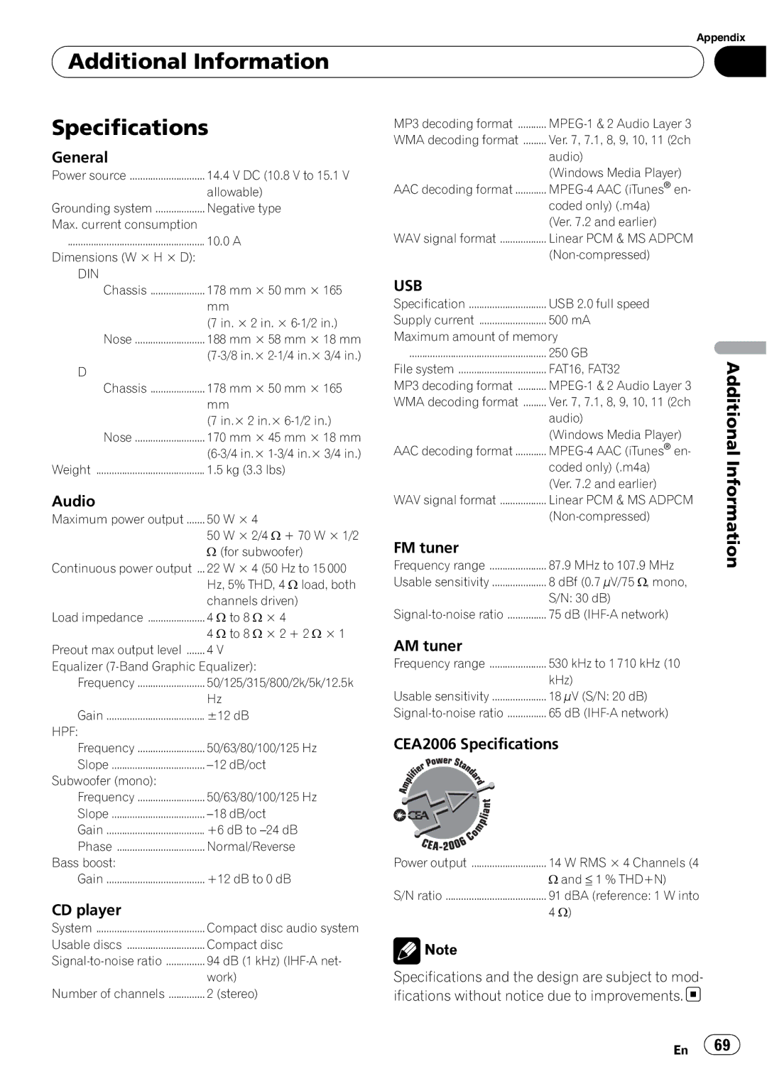 Pioneer DEH-P6000UB operation manual Additional Information Specifications, Usb 