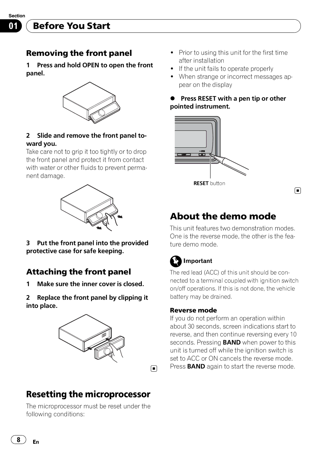 Pioneer DEH-P6000UB About the demo mode, Resetting the microprocessor, Removing the front panel, Attaching the front panel 
