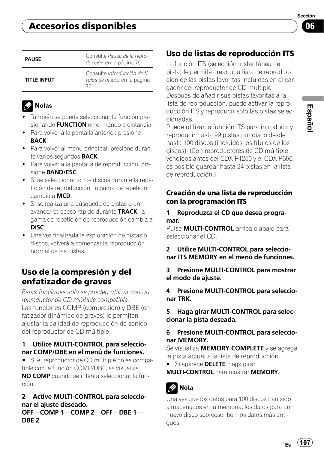 Pioneer DEH-P6000UB Uso de listas de reproducción ITS, Uso de la compresión y del enfatizador de graves, Español 