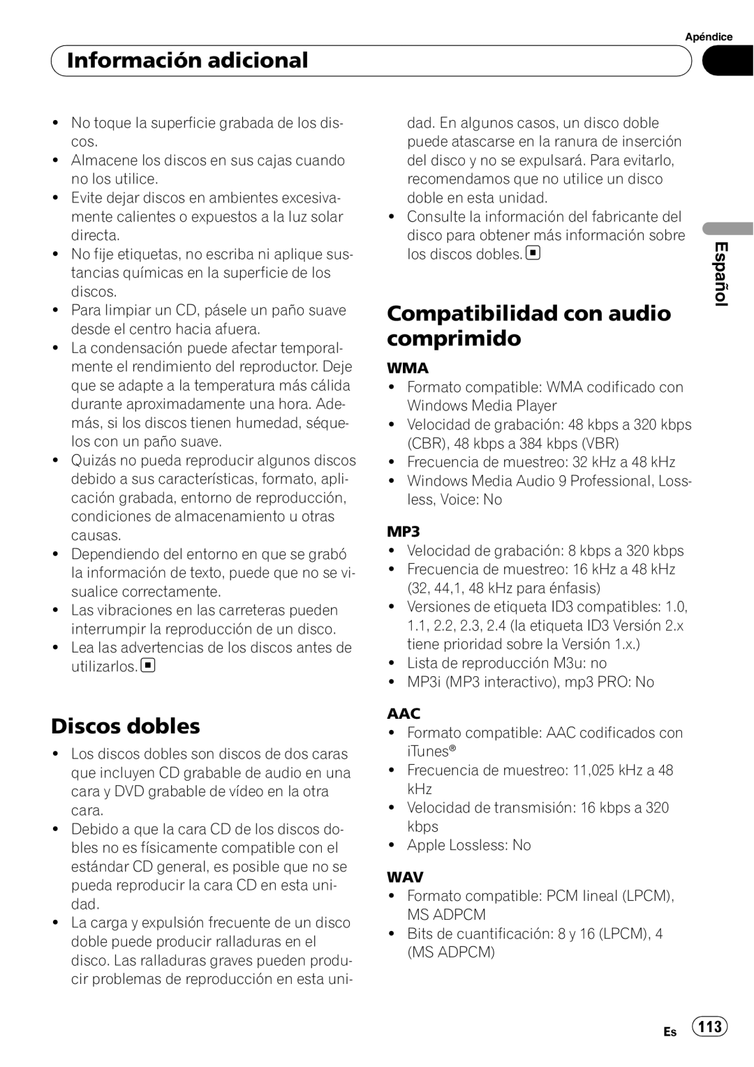 Pioneer DEH-P6000UB operation manual Discos dobles, Compatibilidad con audio comprimido, Información adicional, Español 