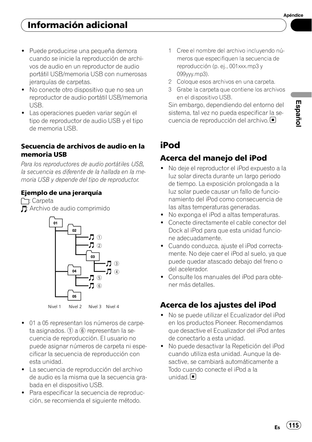 Pioneer DEH-P6000UB Acerca del manejo del iPod, Acerca de los ajustes del iPod, Información adicional, Español 