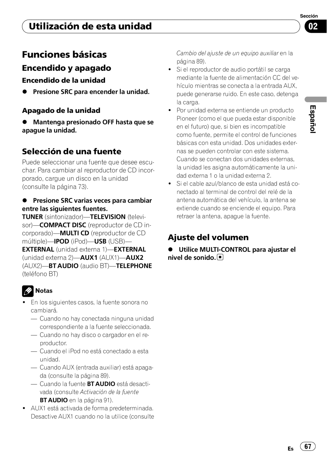 Pioneer DEH-P6000UB Funciones básicas, Encendido y apagado, Selección de una fuente, Ajuste del volumen, Español 