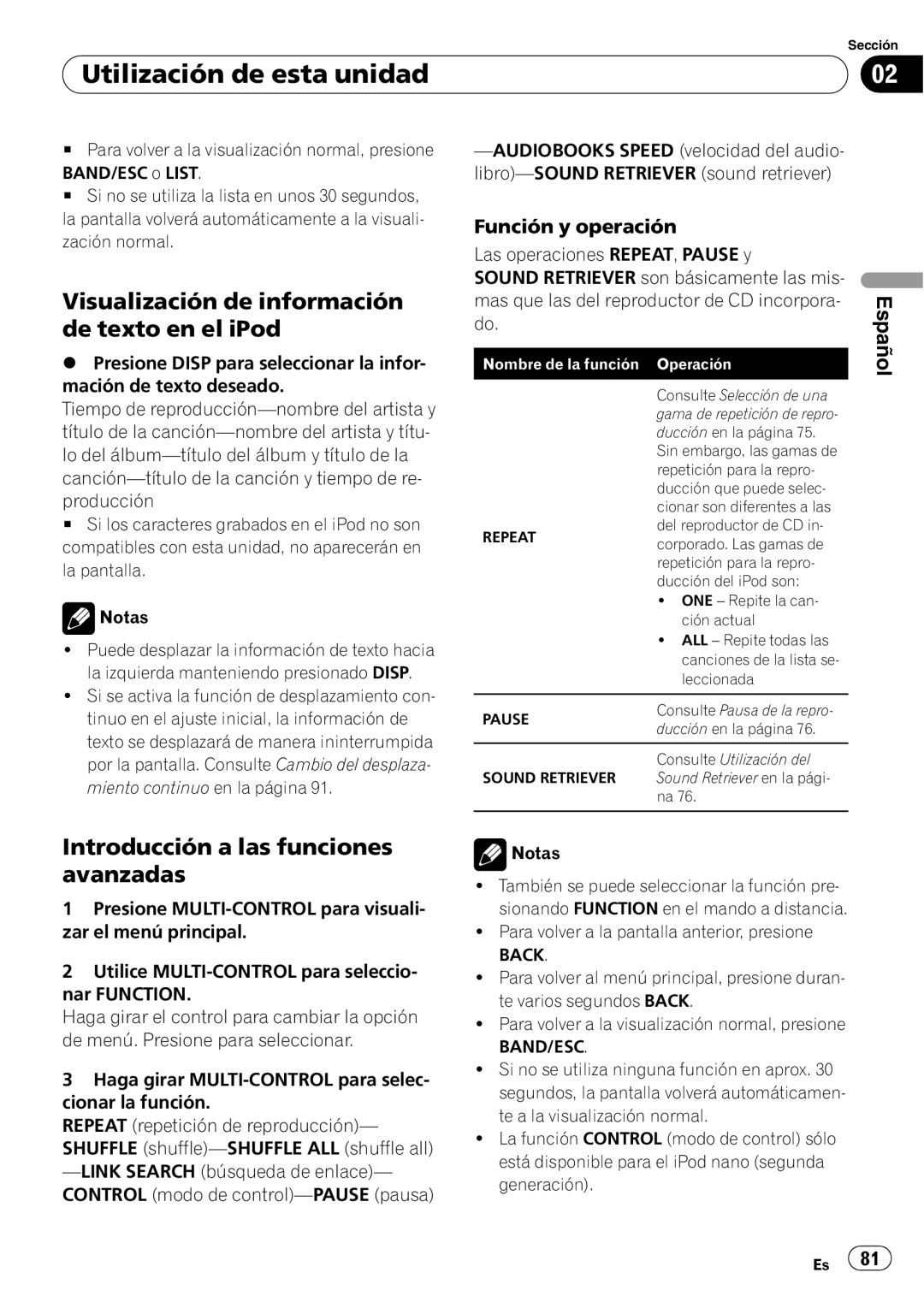 Pioneer DEH-P6000UB operation manual Visualización de información de texto en el iPod, Utilización de esta unidad, Español 