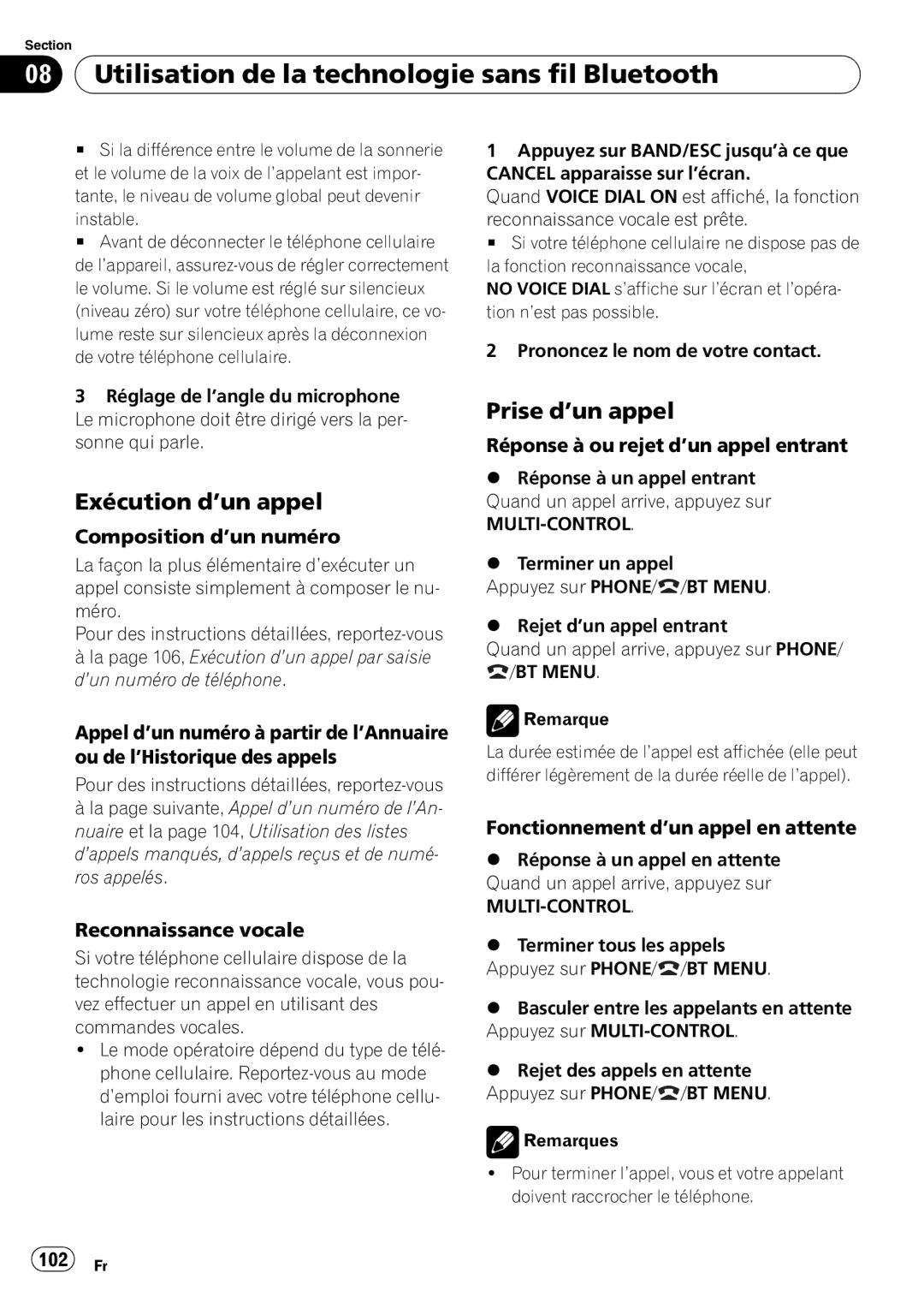 Pioneer DEH-P610BT operation manual Exécution d’un appel, Prise d’un appel 