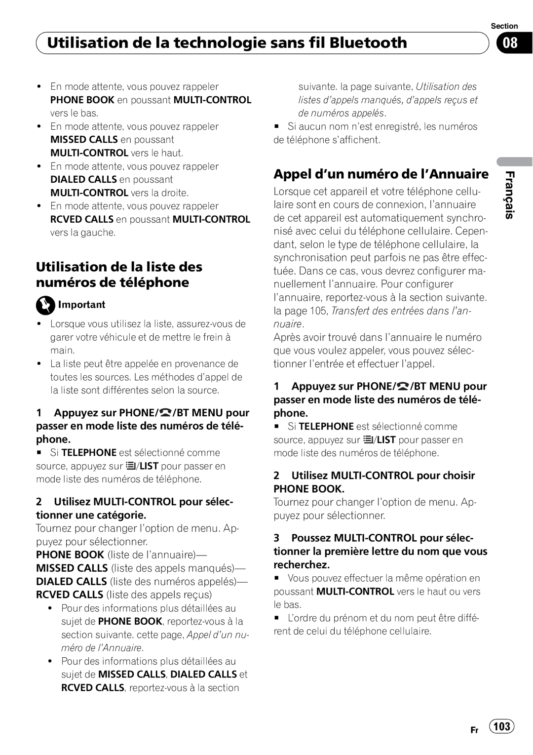 Pioneer DEH-P610BT operation manual Utilisation de la liste des numéros de téléphone, Appel d’un numéro de l’Annuaire 