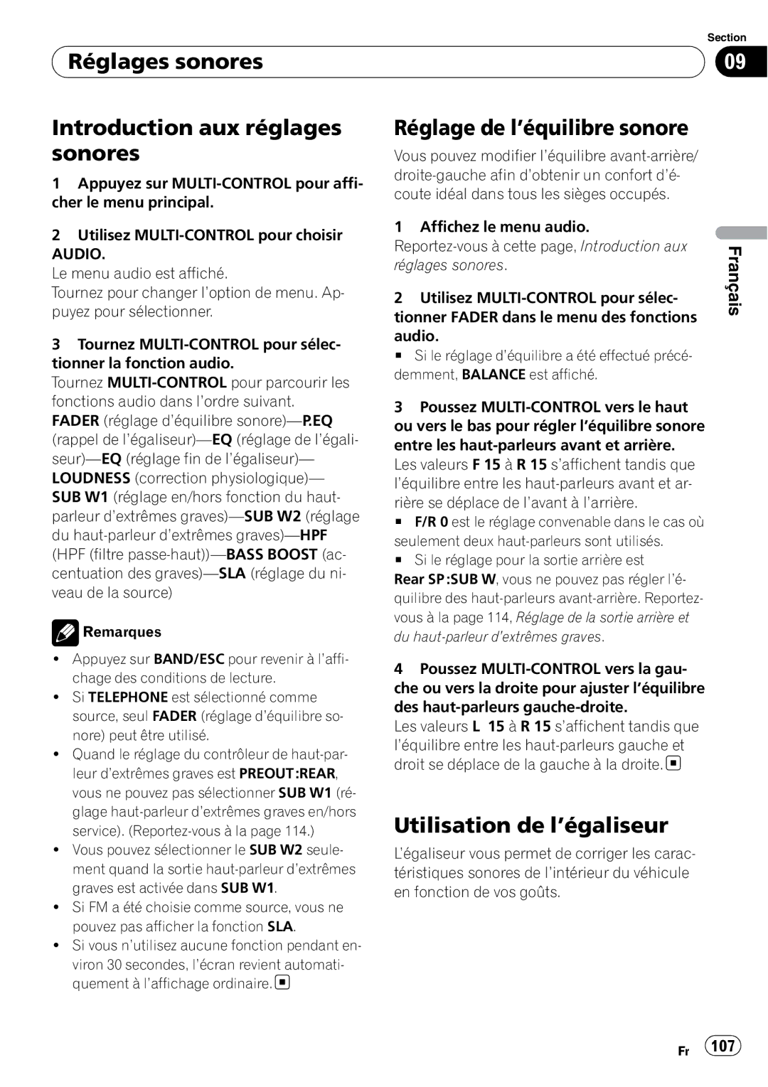 Pioneer DEH-P610BT Réglages sonores Introduction aux réglages sonores, Réglage de l’équilibre sonore, Audio 