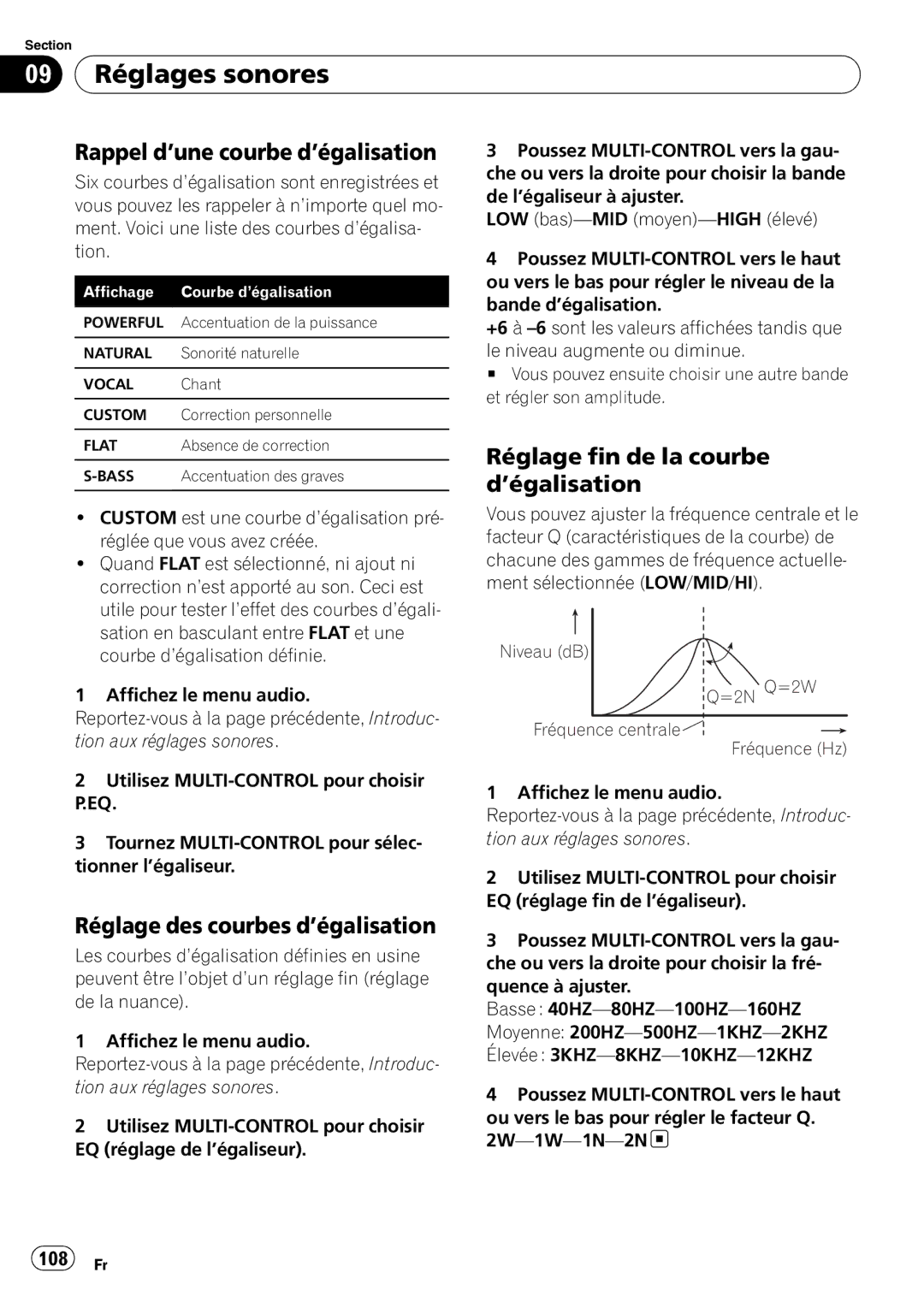 Pioneer DEH-P610BT 09 Réglages sonores, Rappel d’une courbe d’égalisation, Réglage fin de la courbe d’égalisation, 108 Fr 